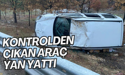 Kontrolden çıkan araç  yan yattı