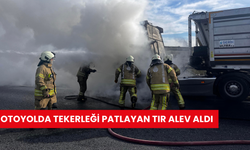 Otoyolda tekerleği patlayan tır alev aldı