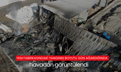 Yem fabrikasındaki yangının boyutu gün ağardığında havadan görüntülendi