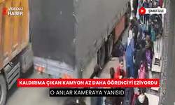 Kaldırıma çıkan kamyon az daha öğrenciyi eziyordu