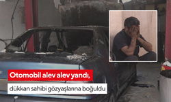 Otomobil alev alev yandı, dükkan sahibi gözyaşlarına boğuldu