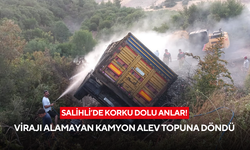 Salihli'de devrilen kamyon alev alev yandı