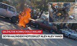 Salihli’de korku dolu anlar! Seyir halindeki motosiklet alev alev yandı