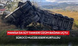 Salihli-Denizli yolunda süt tankeri üzüm bağına uçtu: Sürücü mucize eseri kurtuldu