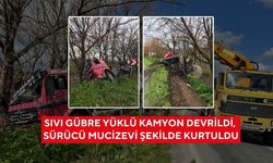 Sıvı gübre yüklü kamyon devrildi: Sürücü ölümden döndü