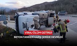 Viraj ölüm getirdi: Beton tankeri karşı şeride devrildi