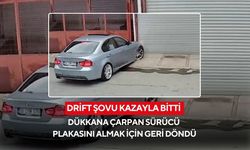 Drift şovu kazayla bitti: Dükkana çarpan sürücü plakasını almak için geri döndü