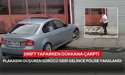 Drift yaparken dükkana çarptı! Plakasını düşüren sürücü geri gelince polise yakalandı