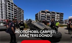 İki otomobil çarpıştı, araç ters döndü