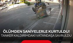 Ölümden saniyelerle kurtuldu! Traktörden kopan tanker kaldırımdaki vatandaşa böyle savruldu