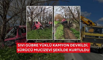 Sıvı gübre yüklü kamyon devrildi: Sürücü ölümden döndü