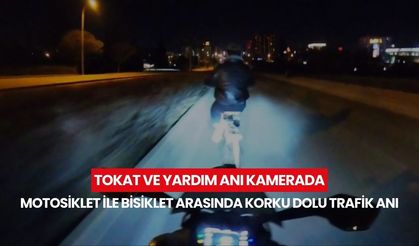 Korku dolu anlar! Motosiklet sürücüsü bisikletliye tokat attı, sonra yardıma koştu...