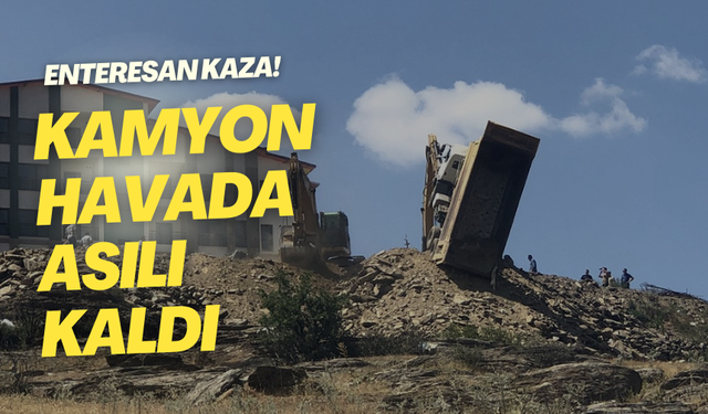 Enteresan kaza! Kamyon havada asılı kaldı