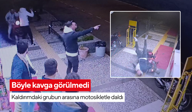 Böyle kavga görülmedi; Motosikletli, kaldırımdaki grubun arasına daldı! O anlar güvenlik kamerasına yansıdı