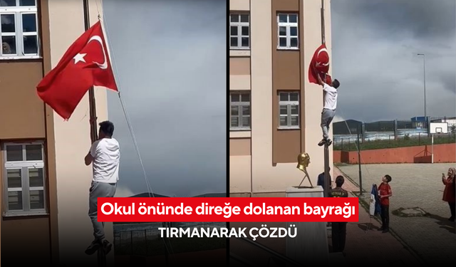 İstiklal Marşı töreninde anlamlı hareket: Öğretmen bayrağı kendi elleriyle kurtardı