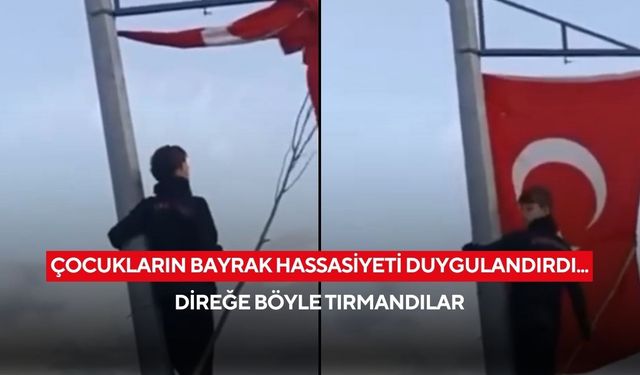 Gurur dolu anlar: Üç çocuk Türk bayrağı için direğe tırmandı