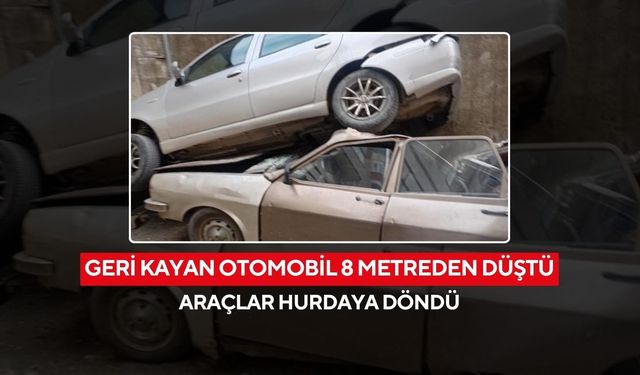 Rampada kontrolden çıkarak geri kayan otomobil 8 metreden düştü, araçlar hurdaya döndü