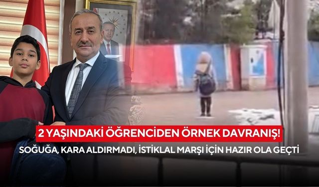 2 yaşındaki öğrenciden örnek davranış! Soğuğa, kara aldırmadı, İstiklal Marşı için hazır ola geçti