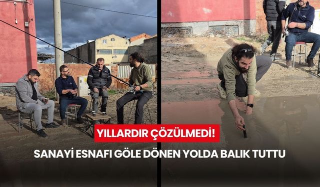 Yıllardır çözülmedi! Sanayi esnafı göle dönen yolda balık tuttu