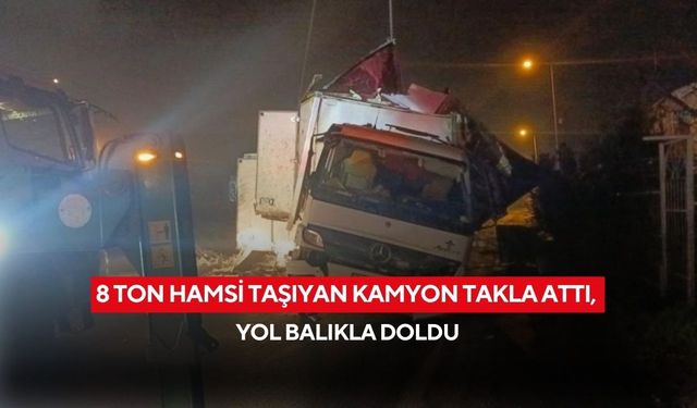 8 ton hamsi taşıyan kamyon takla attı! Tonlarca hamsi yola saçıldı, o anlar kamerada...