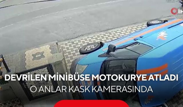 Kargo aracı otomobilin üzerine devrildi, yardıma motokurye koştu... O anlar kamerada