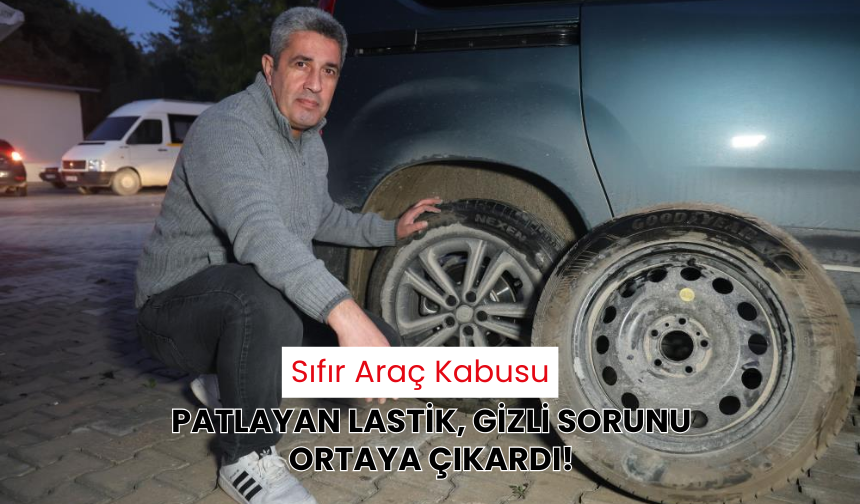 Sıfır olarak satın aldığı sıfır aracındaki lastik oyununu lastiğin patlamasıyla fark etti