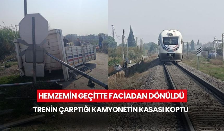 Manisa'da hemzemin geçitte faciadan dönüldü: Trenin çarptığı kamyonetin kasası koptu