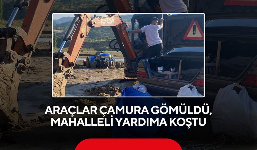 Araçlar çamura gömüldü, mahalleli yardıma koştu