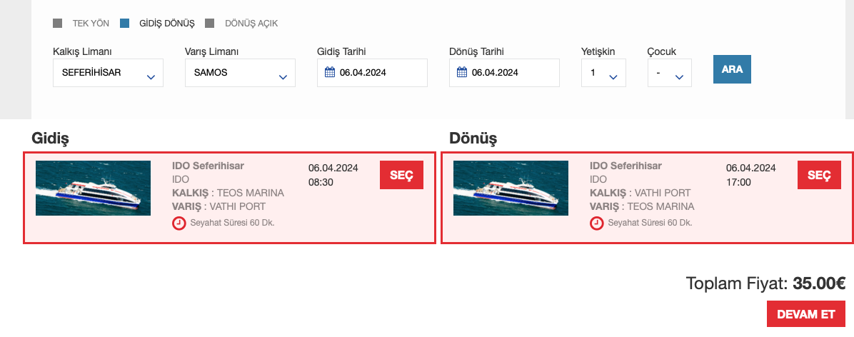 Ido Samos Bilet Ucretleri