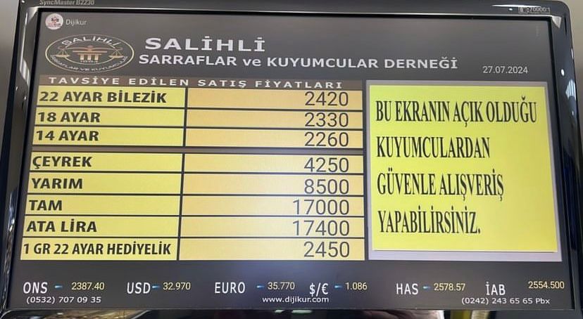 Salhili Altın Fiyatları 27 Temmuz 2024