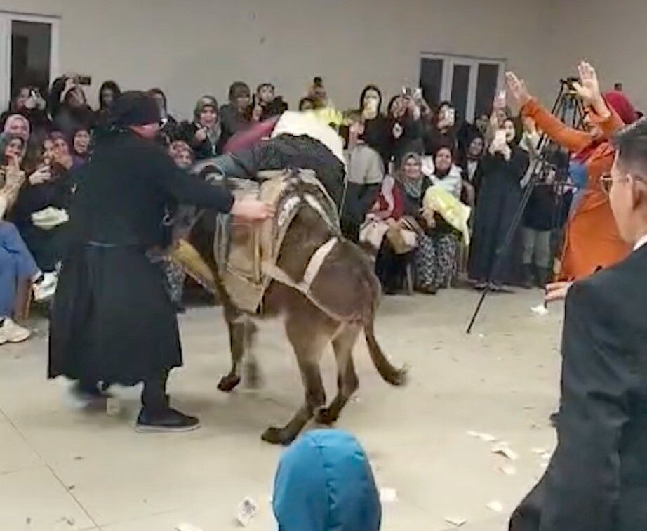 Kina Gecesinde Renkli Anlar Manisada Esekle Salona Giren Damadin Arkadasi Kahkahalara (1)