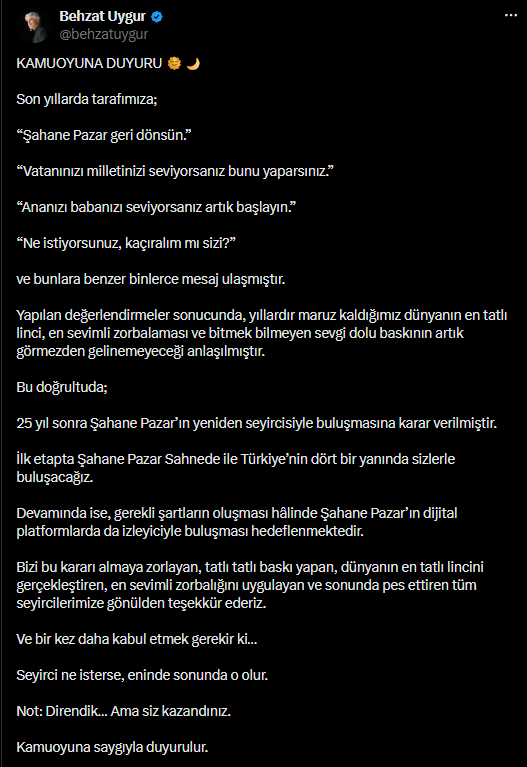 Behzat Uygur Şahane Pazar Paylaşımı